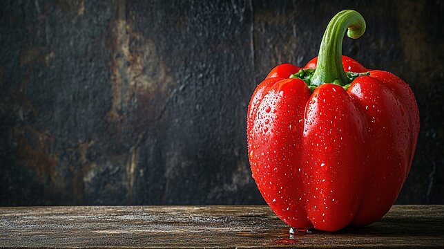 vibrant red bell pepper on an old wooden table against a dark background, with space for text or design