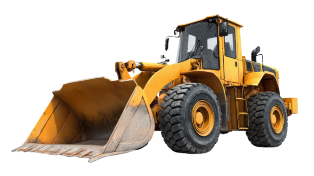 Empty earth mover in parked position with tilted front wheels isolated on a Transparent background, PNG file.