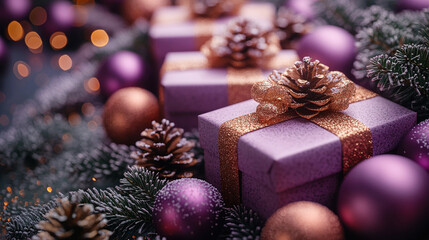 Close up yellow craft packaging, holiday background purple monochrome style, gold decoration ball, pine cones, stars, snowflakes, gift box. Flat lay, copy space, banner, Merry Christmas, New Year
