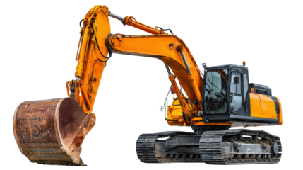 Excavator in dynamic working pose with bucket scooping forward isolated on a Transparent background, PNG file.