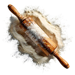 Rolling pin in flour on black backdrop for baking or cooking related purposes