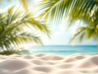 Soft beach sand dunes frame a tranquil ocean view under palm fronds
