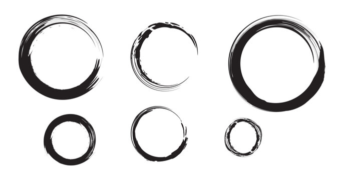 Grunge round shapes. Set different circle brush strokes, hand drawn paint brush circle logo frame &ndash; for stock. Vector illustration. Stock image. 