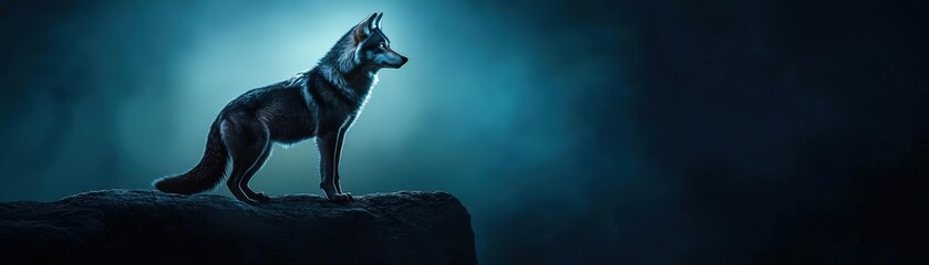 Majestic Wolf Silhouette Against a Mysterious Blue Background in Ethereal Lighting