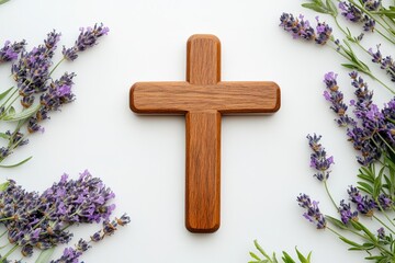 wooden cross on a white background, surrounded by lavender flowers