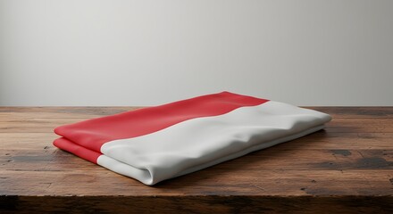 Folded Indonesian flag lying on a dark wooden surface against a plain white background.