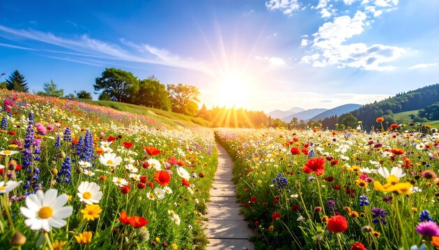 Breathtaking wide shot of a vibrant meadow of wildflowers in full bloom, conveying happiness, joy, and hope.