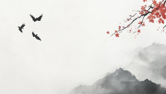 Ink wash painting, birds, autumnal leaves, misty mountains