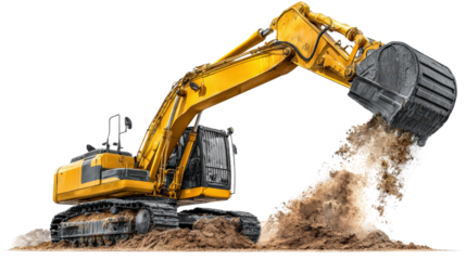 Excavator in dynamic working pose with bucket scooping forward isolated on a Transparent background, PNG file.