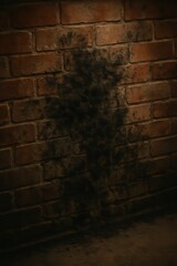 A mysterious shadow figure cast upon a weathered brick wall, evoking a sense of ambiguity and suspense. The dark silhouette creates a visually striking contrast with the rugged texture.