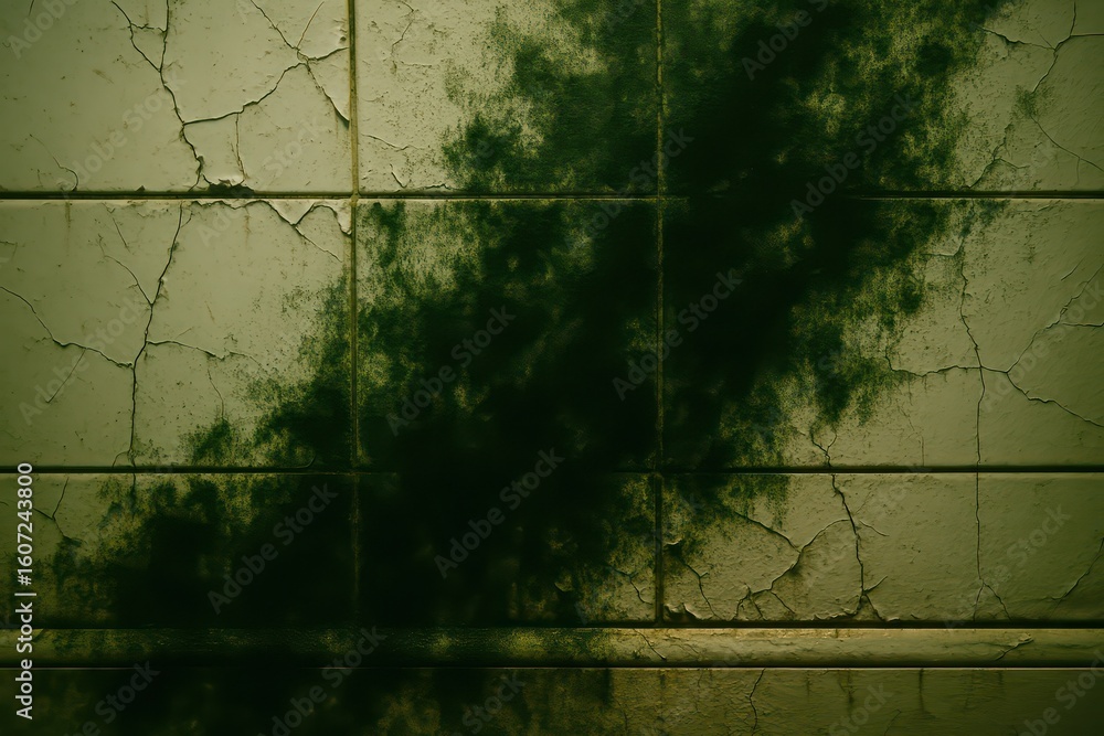 Poster an intriguing abstract shot, showing the textured surface of a weathered wall, its worn tiles adorne