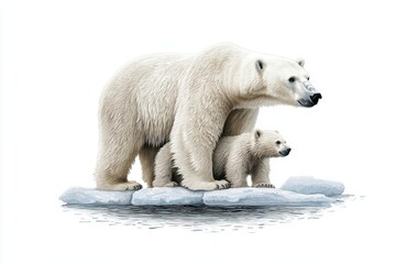 Fototapeta premium Polar Bear Mother and Cub on Iceberg in Arctic Landscape Surrounded by Snowy Environment