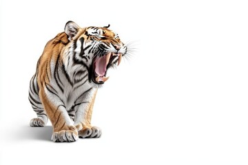 Obraz premium Fearsome Tiger Baring Teeth in Aggressive Stance in Studio White Background
