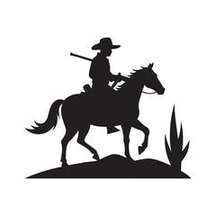 Naklejka premium Cowboy On Horse With Rifle In Desert Silhouette