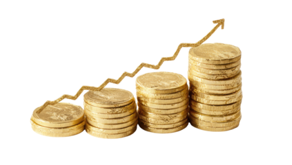 Gold coins stacked in ascending order, with a rising gold arrow graph superimposed