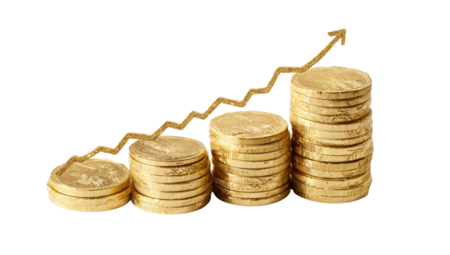 Gold coins stacked in ascending order, with a rising gold arrow graph superimposed