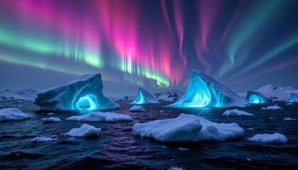 a breathtaking view of an icy landscape under a vibrant aurora borealis display