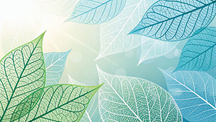 Abstract nature-themed vector background with detailed translucent leaves in green and blue shades, perfect for eco designs, presentations, or spring-themed creative projects.