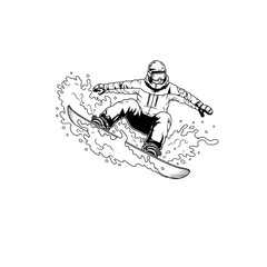 Dynamic black and white drawing of a snowboarder performing a trick on a snowy slope.