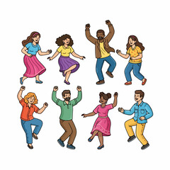 People dancing joyfully in a colorful group celebration