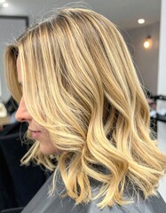 A close-up side profile of a woman with freshly styled, shoulder-length blonde hair featuring soft waves in a modern salon setting.