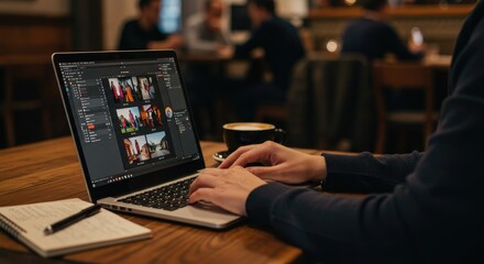 Person working on laptop in cafe