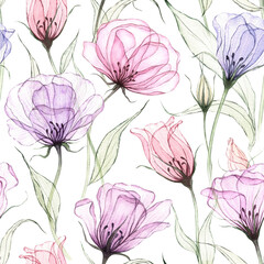 Watercolor floral seamless pattern. Delicate violet, pink, lilac transparent flowers with airy leaves, x-ray. Hand drawn botanical illustration. For wrapping paper, textile, wallpaper, stationary.