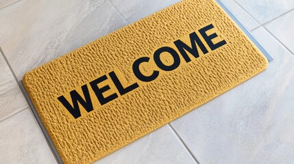 Bright yellow welcome mat placed indoors near a doorway inviting guests with a friendly greeting 