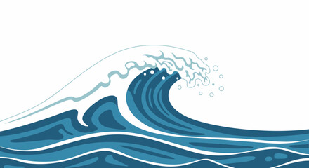Stylized ocean wave cresting with foam, in varying blue hues, against a pristine white backdrop evoking nautical designs 150