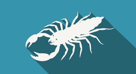Stylized scorpion with elongated shadow offering a modern depiction of nature's arthropod, poised against a calming blue expanse emphasizing its