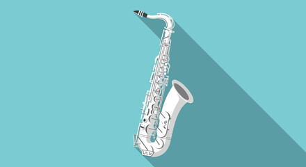 Sleek White Saxophone Illustration with a Long Shadow on a Light Blue Background for Musical and Artistic Representations