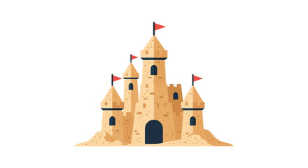 Enchanting sandcastle kingdom with playful red flags on sandy towers under a sunny sky illustration