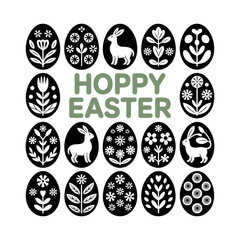 Joyful Easter Greeting: A charming Easter design showcases decorated eggs, adorned with floral and bunny motifs, alongside the festive greeting Hoppy Easter, painted in cheerful colors.