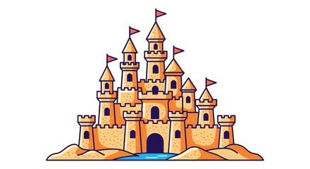 Majestic Cartoon Castle with Towers and Flags against a White Background, a Dreamlike Fantasy Land for Kids