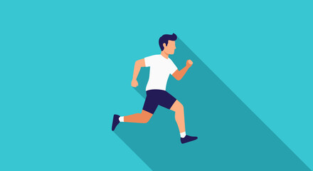 Dynamic minimalist runner in motion against bright cyan backdrop displaying healthy lifestyle and exercising concept with long shadow emphasis