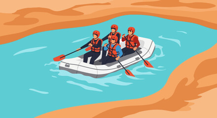 Cartoon illustration of team rafting adventure with life vests on the river at outdoor activity