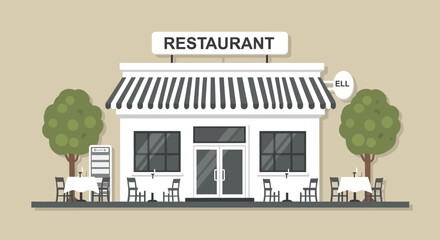 Charming Minimalist Restaurant Illustration with Outdoor Seating and Green Trees Accentuating a Welcoming Ambience