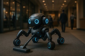 A sleek, intelligent robotic vacuum cleaner is efficiently at work. This image captures the integration of advanced robotics into modern office environment.