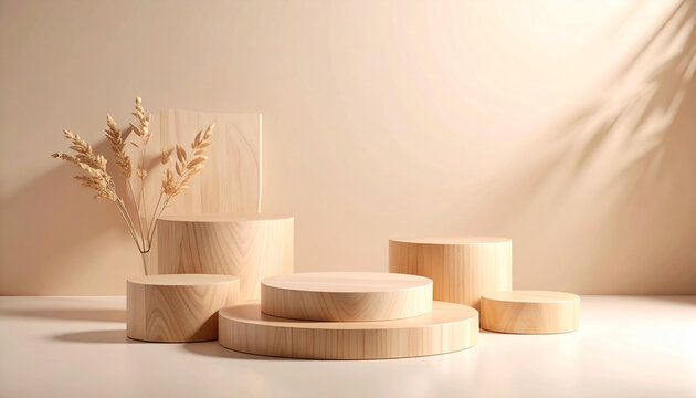 Three round wooden platform on beige background geometric podium pedestal mock up eco scene for presentation of beauty products mockup wooden board
