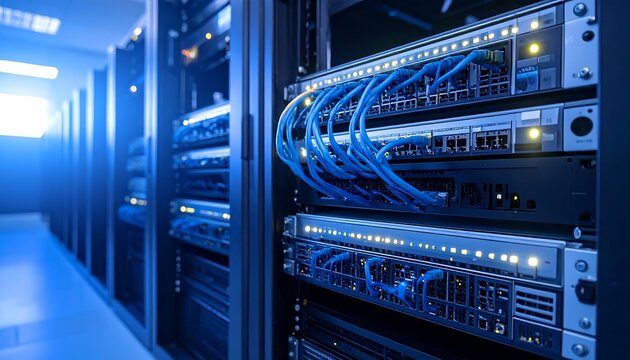 Server racks with blue network cables in a data center