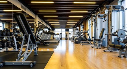 Modern fitness gym interior with workout equipment and cardio machines