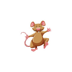 Cute brown cartoon mouse character with pink ears, nose, and tail, standing happily on one foot with a cheerful smile. Fun and playful illustration for children’s books, animal mascots, education mate