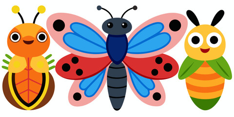 Funny cartoon insect and bird vector set with bee, butterfly, ladybug, ant, and spider illustrations