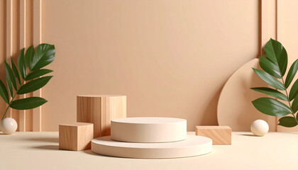 Three round wooden platform on beige background geometric podium pedestal mock up eco scene for presentation of beauty products mockup wooden board
