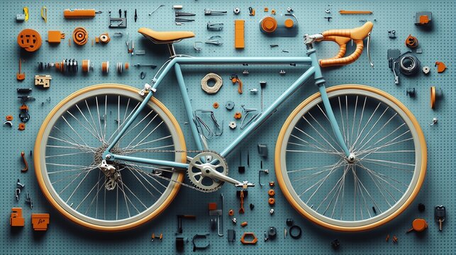 Top view of a bicycle with parts layout, generative AI artwork, beautiful and detailed illustration showing frame, wheels, handlebars, pedals, and gear system