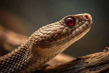 Fototapeta premium A close-up of a snake's head with piercing red eyes and detailed scales, in a natural setting.