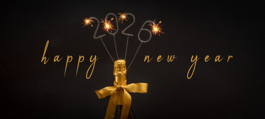 happy new year,  new year's eve celebration greeting card - Gold champagne bottle with ribbon and...