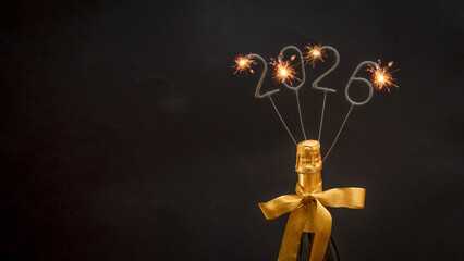 happy new year,  new year's eve celebration greeting card - Gold champagne bottle with ribbon and...
