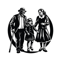 grandparents walking with granddaughter vector silhouette