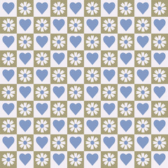 Colorful seamless pattern with patchwork like squares with flowers and hearts